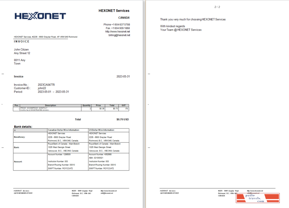 Canada Hexonet Services invoice Word and PDF template PSD template